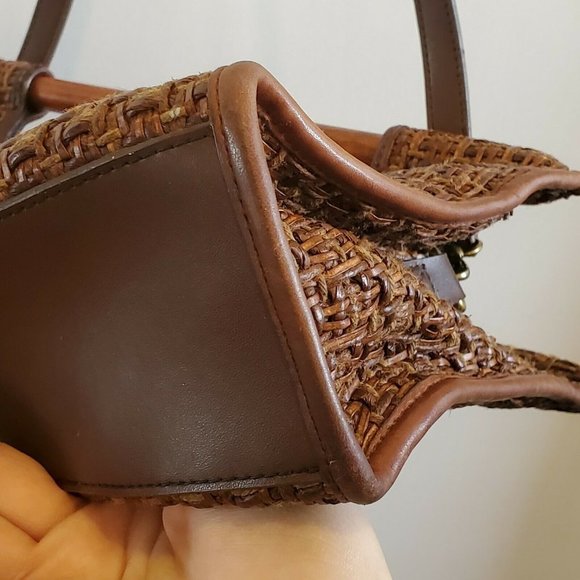 Fossil‎ Brown Straw Rattan Woven Bohemian Shoulder Bag Wooden Handles 11 X 8 - Picture 9 of 12